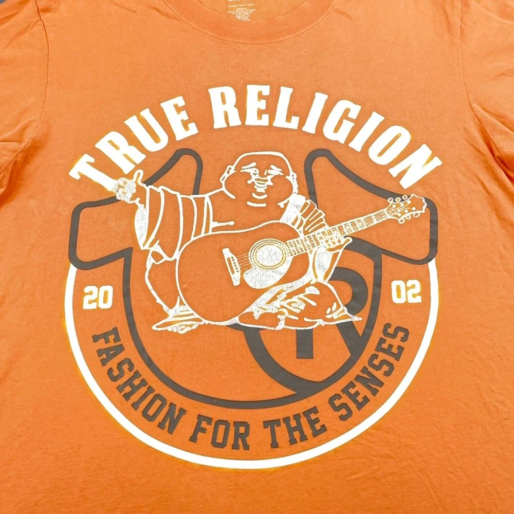 True Religion Mens Buddha Guitar Graphic T-Shirt Orange 100% Cotton Medium